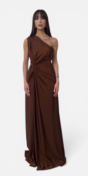 VESTITO MAXI MONOSPALLA COLOR MARRONE CIOCCOLATO